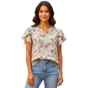 Blooming Jelly Floral Flutter Sleeve Blouse Sage Pink Size L NWT